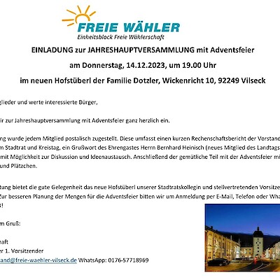 Beitragsbild Einladung zur Jahreshauptversammlung mit Adventsfeier 2023